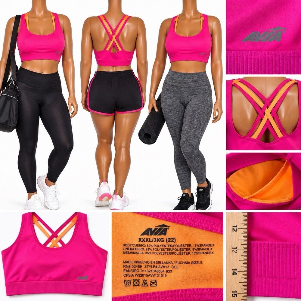 Avia  Women's 3X Sports Bra Fuchsia Pink Orange Strappy Back Activewear